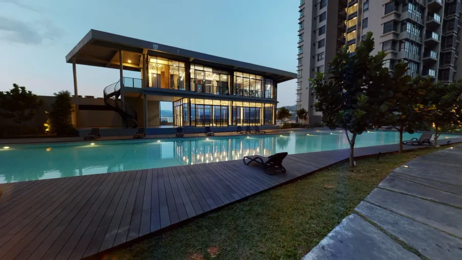 Modern commercial building exterior and landscape context